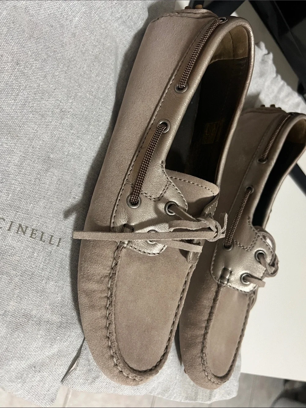 Brunello Cucinelli Taupe Suede and Metallic Trim Boat Shoes